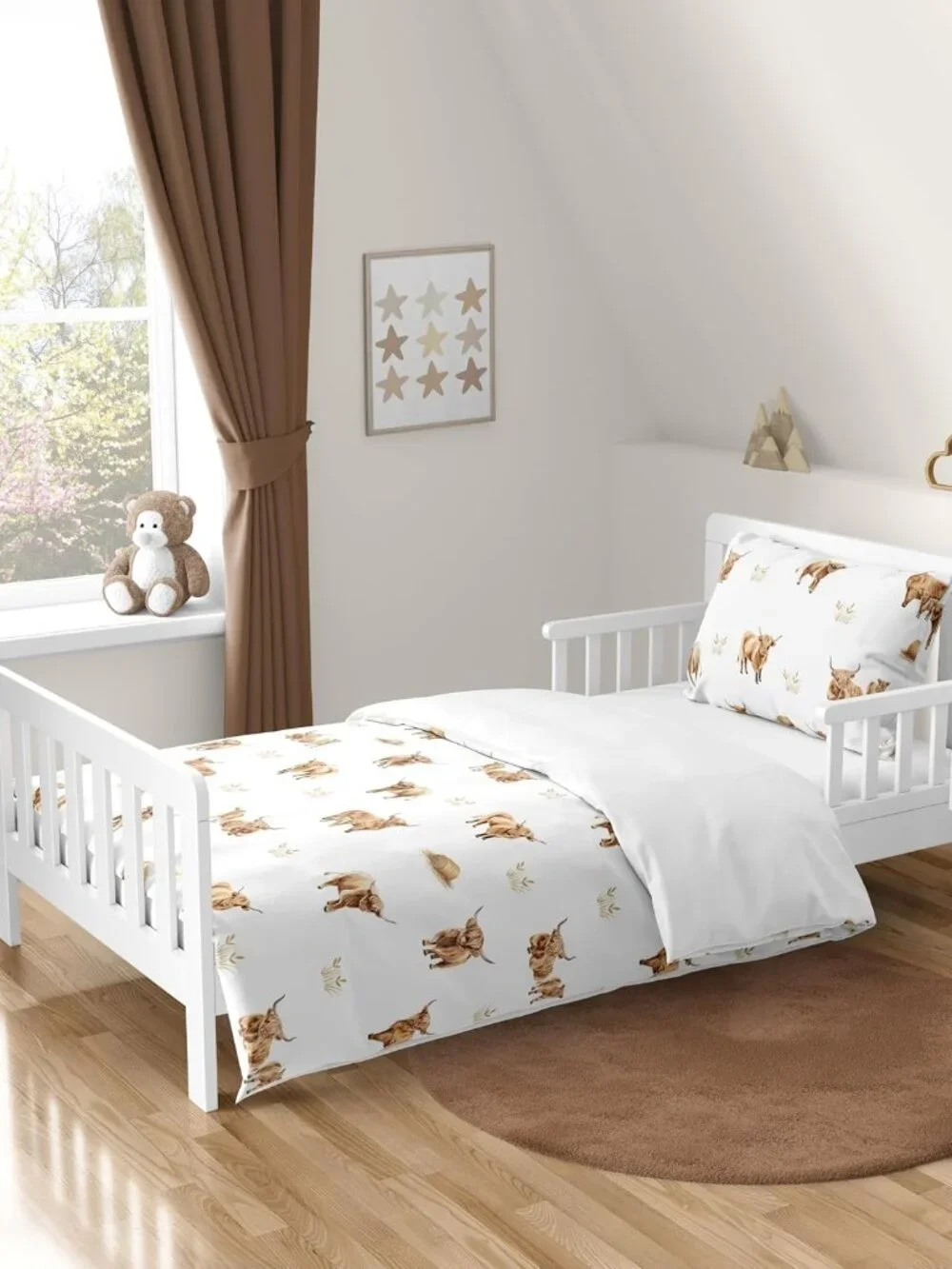 5-Piece Toddler Bedding Set Boho Highland Cow for Girls/Boys, Kids incl. Bed in